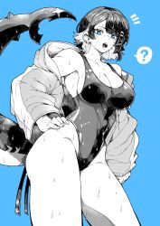 1girl ? absurdres alternate_costume blue_background blue_eyes breasts collarbone colored_inner_hair commentary_request competition_swimsuit covered_navel cowboy_shot ellen_joe fins fish_tail greyscale_with_colored_background hair_ornament hairclip hand_on_own_hip highres jacket large_breasts looking_at_viewer mole mole_under_eye multicolored_hair notice_lines off_shoulder one-piece_swimsuit open_clothes open_jacket open_mouth shark_girl shark_tail sharp_teeth short_hair simple_background solo spoken_question_mark swimsuit tail teeth two-tone_hair wet wet_clothes wet_swimsuit yotsumi_shiro zenless_zone_zero