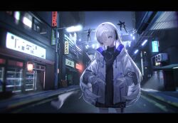 1girl adapted_costume black_skirt black_sweater bright_pupils cevio city closed_mouth coat commentary cowboy_shot drawstring expressionless floating_headgear hair_over_one_eye hands_in_pockets headgear headphones highres hood hood_down hooded_coat jewelry kamitsubaki_studio lamppost letterboxed long_hair long_sleeves looking_at_viewer multicolored_coat multicolored_hair night o-ring one_eye_covered open_clothes open_coat outdoors pendant purple_coat purple_eyes purple_hair road sekai_(cevio) shiraishi_kanoya skirt solo streaked_hair sweater symbol-shaped_pupils turtleneck turtleneck_sweater urban white_coat white_hair white_pupils