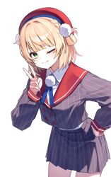 1girl absurdres blonde_hair green_eyes grey_jacket grey_skirt hat highres indie_virtual_youtuber jacket looking_at_viewer red_hat red_sailor_collar sailor_collar shigure_ui_(vtuber) shigure_ui_(vtuber)_(1st_costume) shirt simple_background skirt solo thighs virtual_youtuber white_background white_shirt yioro