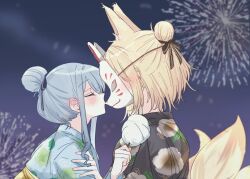 Rule 34 | 2girls, aerial fireworks, animal ears, at 09098, bang dream!, bang dream! it&#039;s mygo!!!!!, black kimono, blonde hair, blue eyes, blue hair, blush, closed eyes, commentary, cotton candy, ear blush, fireworks, floral print, floral print kimono, food, fox ears, fox girl, fox mask, fox tail, hair bun, hair up, hand on another&#039;s shoulder, holding, holding cotton candy, holding food, japanese clothes, kemonomimi mode, kimono, kissing through mask, kitsune, kyuubi, mask, medium hair, misumi uika, multiple girls, multiple tails, night, outdoors, print kimono, symbol-only commentary, tail, togawa sakiko, yuri