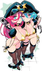 2girls aqua_eyes bikini breasts bright_pupils cleavage collar collarbone commentary covered_erect_nipples cuffs detached_sleeves eyewear_on_headwear fingerless_gloves gashi-gashi gloves gold_bikini gun hand_on_own_hip handcuffs hat highres holding holding_gun holding_weapon large_breasts long_hair looking_at_viewer multiple_girls nail_polish open_mouth original police_hat red_eyes red_hair short_hair simple_background star_(symbol) swimsuit symbol-only_commentary thigh_strap thighhighs weapon white_background white_pupils