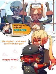 1boy 1other 2girls animal_ears burnice_white carrying dorahdew english_text highres luciana_de_montefio multiple_girls pig_boy pig_ears pig_nose scared speech_bubble tusks window wise_(zenless_zone_zero) zenless_zone_zero