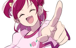 1girl bow buntatta closed_eyes floral_print hair_bow highres index_finger_raised long_sleeves multiple_hair_bows open_mouth pink_hair pink_shirt precure shirt short_hair solo_focus two_side_up visible_ears white_background yes!_precure_5 yumehara_nozomi