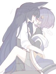 2girls absurdres animal_ears belle_(zenless_zone_zero) between_legs black_hair black_shirt black_skirt blue_hair braid closed_eyes collared_shirt earrings fox_ears french_kiss grey_skirt half_up_braid highres hoshimi_miyabi jewelry kiss long_hair multiple_girls pleated_skirt shirt short_hair simple_background skirt sleeves_rolled_up tongue tongue_out white_background white_shirt yuri zenless_zone_zero zzzii0