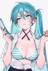 1girl absurdres black_skirt blue_bra blue_eyes blue_hair blue_nails blush bra breasts cellphone cleavage closed_mouth commentary_request ear_blush fingernails flip_phone hair_between_eyes hatsune_miku highres holding holding_phone large_breasts long_fingernails open_clothes open_shirt phone qiandaiyiyu shirt skirt solo striped_bra striped_clothes sweat twintails underwear upper_body vocaloid wet wet_clothes wet_shirt white_shirt