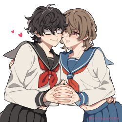 2boys akechi_gorou amamiya_ren black_hair black_skirt blue_skirt blush curly_hair glasses highres medium_hair midriff multiple_boys navel persona persona_5 red_eyes school_uniform serafuku short_hair simple_background skirt twitter_username upper_body white_background white_serafuku yaoi zozakura