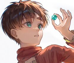 1boy aida_aot ball brown_hair child eren_yeager green_eyes grey_shirt highres holding holding_ball long_sleeves looking_at_object male_focus parted_bangs parted_lips red_scarf scarf shingeki_no_kyojin shirt short_hair sketch solo sparkle upper_body