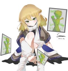 Rule 34 | 1girl, absurdres, arm warmers, black shirt, black skirt, blonde hair, blush, brown shirt, card, closed mouth, commentary request, dated, feet out of frame, full body, green eyes, happy birthday, highres, holding, holding card, looking at viewer, medium hair, mizuhashi parsee, pointy ears, saman666, scarf, shirt, short sleeves, simple background, skirt, smile, socks, solo, touhou, undershirt, white background, white scarf, white socks