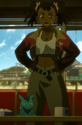 Rule 34 | 1girl, absurdres, anime screenshot, ayukawa miyuki, bandaid, basquash!, black hair, breasts, cleavage, dark-skinned female, dark skin, hands on own hips, highres, large breasts, midriff, navel, open mouth, pants, purple eyes, stitched, tank top, third-party edit, twintails