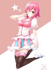 1girl absurdres black_thighhighs chaos;child dress female_focus highres idol one_eye_closed onoe_serika pink_eyes pink_hair puffy_short_sleeves puffy_sleeves red_eyes short_hair_with_long_locks short_sleeves sidelocks smile solo thighhighs yakku zettai_ryouiki