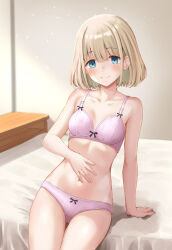 1girl arm_support bed_sheet blush bow bow_bra bow_panties bra ca_paria collarbone commentary_request grey_hair highres idolmaster idolmaster_shiny_colors indoors looking_at_viewer navel on_bed panties pink_bra pink_panties serizawa_asahi short_hair sitting smile solo stomach thigh_gap thighs underwear underwear_only