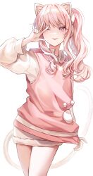 1girl absurdres akiyama_mizuki animal_ears arm_at_side cat_ears cat_tail closed_mouth clothes_tug collared_shirt cowboy_shot fake_animal_ears hair_ornament hair_over_shoulder hair_scrunchie hand_up highres long_hair long_shirt long_sidelocks long_sleeves looking_at_viewer paw_print pink_eyes pink_hair pink_sweater_vest print_sweater project_sekai scrunchie shirt side_ponytail sidelocks simple_background solo someang standing straight-on sweater sweater_vest tail tongue tongue_out v-neck w w_over_eye wavy_hair white_background white_scrunchie white_shirt wispy_bangs