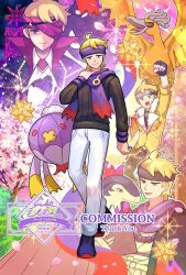 alternate_color artist_logo blonde_hair cherry_blossoms commission drifblim fingerless_gloves gen_1_pokemon gen_2_pokemon gen_4_pokemon gengar gloves gredell_elle headband hisuian_typhlosion ho-oh hood hoodie legendary_pokemon logo male_focus morty_(academy)_(pokemon) morty_(fall_2021)_(pokemon) morty_(pokemon) morty_(sygna_suit)_(pokemon) nintendo official_alternate_costume pants petals pokemon pokemon_(creature) pokemon_hgss pokemon_masters_ex purple_eyes purple_headband purple_scarf scarf second-party_source shiny_pokemon sparkle white_pants yellow_hoodie