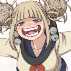 1girl blonde_hair blue_skirt blunt_bangs blush boku_no_hero_academia brown_eyes double_bun fangs hair_bun highres looking_at_viewer messy_hair open_mouth school_uniform sidelocks simple_background skirt smile solo sweater t_jiroo_(ringofriend) toga_himiko upper_body yellow_eyes