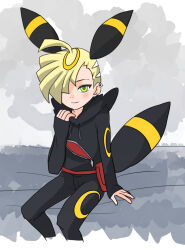 Rule 34 | 1boy, adapted costume, ahoge, animal ears, arm support, black hoodie, black pants, blonde hair, closed mouth, commentary request, cosplay, fanny pack, gen 2 pokemon, gladion (pokemon), green eyes, hair over one eye, hand up, hood, hood down, hoodie, long sleeves, male focus, nintendo, pants, pokemon, pokemon sm, red bag, shilfy yo, short hair, sitting, sleeves past wrists, smile, solo, tassel, umbreon, umbreon (cosplay)