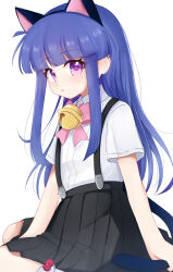 animal_ears bell black_skirt blue_hair blush cat_ears cat_tail child collared_shirt commentary_request facing_viewer fake_animal_ears fake_tail furude_rika grabbing_own_tail highres higurashi_no_naku_koro_ni hoya_(user_hjrz3748) jingle_bell looking_at_viewer open_mouth pink_ribbon purple_eyes ribbon shirt short_sleeves sitting skirt suspenders tail wariza white_background white_shirt