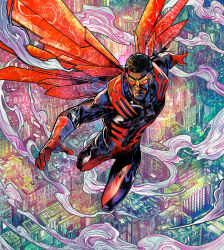 Rule 34 | 1boy, above clouds, abstract background, afro, black hair, bodysuit, building, captain america (series), city, cityscape, closed mouth, cloud, colorful background, dark-skinned male, dark skin, eyewear on head, flying, glint, gloves, goggles, highres, male focus, marvel, marvel snap, mechanical wings, multicolored armor, official art, red gloves, red goggles, red wings, sam wilson, science fiction, shiny skin, short hair, sky, skyline, solo, solo focus, sparkle, star (sky), starry sky, striped bodysuit, superhero costume, the falcon, two-tone bodysuit, vinartwork, western comics (style), wind, wings