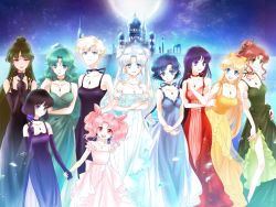 1990s_(style) 6+girls aino_minako aqua_hair bishoujo_senshi_sailor_moon bishoujo_senshi_sailor_moon_s black_dress black_flower black_gloves black_hair black_neckwear black_rose blonde_hair blue_dress blue_eyes blue_hair bow brown_hair castle chibi_usa choker cone_hair_bun crescent crescent_facial_mark double_bun dress facial_mark flower forehead_mark gloves green_dress green_eyes green_hair hair_bow hair_bun hair_ornament hairpin high_ponytail highres hino_rei jewelry jupiter_symbol kaiou_michiru kino_makoto long_hair mars_symbol meiou_setsuna mercury_symbol mizuno_ami multiple_girls necklace neptune_symbol noriko_puracross orange_dress pink_hair pluto_symbol ponytail princess_jupiter princess_mars princess_mercury princess_neptune princess_pluto princess_saturn princess_serenity princess_uranus princess_venus purple_dress purple_eyes purple_flower purple_gloves purple_rose red_dress red_eyes retro_artstyle rose saturn_symbol short_hair single_hair_bun small_lady_serenity smile ten&#039;ou_haruka tomoe_hotaru tsukino_usagi twintails uranus_symbol venus_symbol white_dress white_flower white_hair white_rose