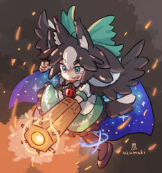 1girl :d animal_ear_fluff animal_ears arm_cannon black_background black_pantyhose black_shoes black_wings blue_eyes blush_stickers borrowed_character bow brown_hair collared_shirt commentary cosplay dog_ears dog_girl dog_tail english_commentary fang fire frilled_shirt_collar frilled_skirt frills full_body green_bow green_skirt hair_between_eyes hair_bow open_mouth original pantyhose reiuji_utsuho reiuji_utsuho_(cosplay) shirt shoes short_hair short_sleeves signature skirt smile solo tail thick_eyebrows third_eye touhou uzumaki_osushi weapon white_shirt wings