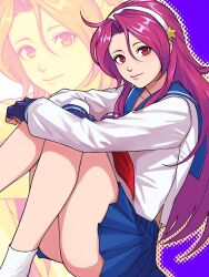 1girl asamiya_athena birthday blue_gloves blue_sailor_collar blue_skirt fingerless_gloves gloves hair_ornament hairband highres long_hair long_sleeves neckerchief pink_hair pleated_skirt red_eyes red_neckerchief sailor_collar school_uniform serafuku shirt sitting skirt smile socks solo star_(symbol) star_hair_ornament the_king_of_fighters the_king_of_fighters_xiii white_hairband white_shirt white_socks xciidea zoom_layer