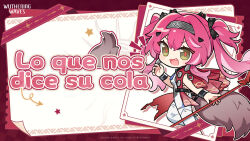 Rule 34 | 1girl, black bow, bow, brown tail, chibi, fang, headgear, highres, looking at viewer, lupa (wuthering waves), official art, open mouth, pink hair, red pupils, solo, star (symbol), tacet mark (wuthering waves), tail, translation request, twintails, wolf girl, wolf tail, wuthering waves, yellow eyes