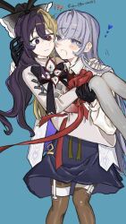 1girl 2girls arcaea black_bow black_bowtie black_eyes black_gloves black_hair black_pantyhose black_skirt blonde_hair bow bowtie breasts carrying collared_shirt earrings flower gloves hair_between_eyes heart heterochromia highres insight_(arcaea) jewelry long_hair long_sleeves maya_(arcaea) medium_breasts multicolored_bow multicolored_hair multiple_girls necktie pantyhose princess_carry purple_eyes red_eyes red_necktie red_ribbon ribbon shirt shy sidelocks single_shoulder_pad skirt sleeve_cuffs smile solo tears thigh_strap two-tone_hair upper_body user_shrf2752 very_long_hair white_background white_bow white_flower white_hair white_petals white_shirt white_sleeves yellow_bow yuri