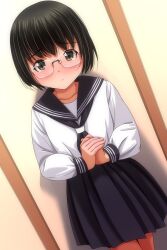 1girl absurdres black_hair black_neckerchief black_sailor_collar black_skirt blush closed_mouth dutch_angle glass glasses grey_eyes highres long_sleeves looking_at_viewer matsunaga_kouyou miniskirt neckerchief original own_hands_together pleated_skirt puffy_long_sleeves puffy_sleeves sailor_collar school_uniform serafuku shirt short_hair skirt solo white_shirt