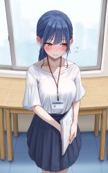 Rule 34 | 1girl, blue eyes, blue hair, blue skirt, blush, breasts, collarbone, highres, holding, id card, inoue iori, lanyard, long hair, medium breasts, office, office lady, open mouth, original, paper, pleated skirt, ponytail, shirt, short sleeves, skirt, solo, standing, white shirt, yellow eyes, yukimaru ai