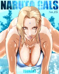 1girl absurdres all_fours ass bare_shoulders bikini blonde_hair breasts breasts_squeezed_together brown_eyes character_name cleavage collarbone copyright_name curvy english_text facial_mark forehead_mark foreshortening hair_behind_ear highres jewelry large_breasts long_hair looking_at_viewer naruto_(classic) naruto_(series) necklace parted_lips pendant saburo_des sanpaku shiny_skin spread_legs swimsuit tsunade_(naruto) twitter_username wet wet_bikini wet_hair white_bikini wide_hips