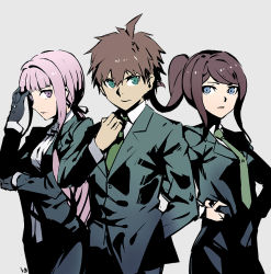 10s 1boy 2girls asahina_aoi blue_eyes brown_hair club3 danganronpa_(series) danganronpa_3_(anime) formal_clothes gloves green_eyes hand_in_pocket kirigiri_kyoko long_hair multiple_girls naegi_makoto necktie official_alternate_hairstyle ponytail purple_eyes purple_hair short_hair suit