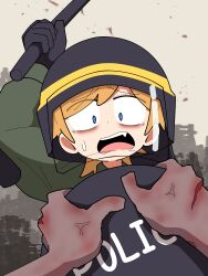 1girl absurdres apocalypse arm_up baton_(weapon) black_gloves blue_eyes burlap_farming commentary english_text face_shield fang gloves green_jumpsuit helmet highres holding_baton_(weapon) horror_(theme) jumpsuit open_mouth orange_hair original police police_uniform policewoman pov riot_police riot_shield scared shield short_hair solo sweatdrop symbol-only_commentary translucent_hair veins weapon zombie