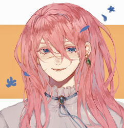 Rule 34 | 1boy, androgynous, animification, blue eyes, blue ribbon, brooch, colored eyelashes, commentary, crystal earrings, earrings, english commentary, gem, green gemstone, highres, humanization, jewelry, keitsuki akiho, letterboxed, long hair, looking at viewer, male focus, minecraft youtube, pink hair, ribbon, scar, scar on face, scar on nose, shirt, simple background, single earring, smile, solo, technoblade, trap, upper body, white shirt, yellow background