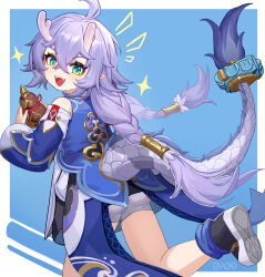 1girl absurdres ahoge animal_ears aoaoaoao_(baiyanheibing) bailu_(honkai:_star_rail) blush braid child dragon_ears dragon_girl dragon_horns dragon_tail dragon_wings eastern_dragon_horns eastern_dragon_tail gourd green_eyes hair_between_eyes highres holding holding_gourd honkai:_star_rail honkai_(series) horns long_hair long_sleeves looking_at_viewer looking_back notice_lines open_mouth original pointy_ears scales smile tail twin_braids wide_sleeves wings
