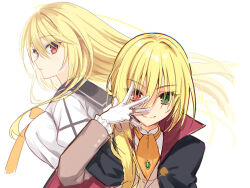 &gt;:) 1girl black_cape black_sailor_collar blonde_hair blush breasts cape closed_mouth commentary_request dracu-riot! eyelashes eyes_visible_through_hair fang floating_hair gloves green_eyes hair_between_eyes hand_up heterochromia jewelry large_breasts long_hair looking_at_viewer multiple_views muririn necktie nicola_cepheus official_art orange_necktie outstretched_hand parted_lips red_eyes ring sailor_collar school_uniform serafuku shirt simple_background skin_fang smile smug split_mouth tsurime upper_body v-shaped_eyebrows very_long_hair white_background white_gloves white_shirt