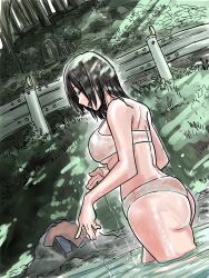 1girl ass black_hair breasts bush clothes_on_floor forest grass happy highres in_water kakisoba1081 large_breasts nature original road rural short_hair smile solo statue stream underwear water water_drop wet wet_clothes