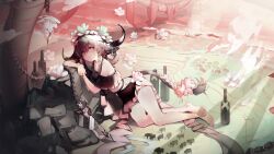 Rule 34 | 1girl, alternate costume, animal ears, arknights, beach, bikini, black bikini, brown hair, cow ears, cow girl, cow horns, cow tail, flower, grey eyes, hair flower, hair ornament, horns, looking at viewer, official style, pallas (arknights), ribiadan, sand, short hair, solo, swimsuit, tail, tail flower, tail ornament, water, white flower