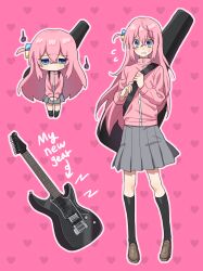 1girl :d black_socks blue_eyes bocchi_the_rock! brown_shoes chibi chibi_inset commentary_request crossed_bangs cube_hair_ornament double-parted_bangs electric_guitar flying_sweatdrops full_body gotoh_hitori grey_skirt grin guitar hair_between_eyes hair_ornament heart heart_background highres instrument instrument_case instrument_case_on_back jacket kneehighs korean_commentary legs_apart loafers long_hair medium_skirt nupi_000 one_side_up open_mouth outline pink_background pink_jacket pink_outline pleated_skirt shoes simple_background skirt smile socks solo standing sweatdrop track_jacket turtleneck turtleneck_jacket v_arms very_long_hair