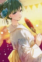 1girl black_eyes black_hair commentary_request from_side hair_ornament hand_fan holding holding_fan japanese_clothes kimi_wa_meido-sama kimono looking_at_viewer outdoors paper_fan parted_lips shotan solo uchiwa upper_body white_kimono yukata yuki_(kimi_wa_meido-sama)