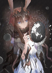1girl absurdres amiya_(arknights) amiya_(demon_king)_(arknights) animal_ears arknights blue_eyes chinese_commentary closed_mouth commentary_request dress floating_crown highres material_growth oripathy_lesion_(arknights) rabbit_ears rabbit_girl sao7 solo veil white_dress