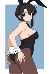 64vii ass azumanga_daiou black_hair blue_eyes blush breasts highres kurosawa_minamo leotard medium_breasts playboy_bunny rabbit_ears rabbit_tail sideboob tagme thighs