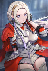 1girl absurdres armor black_gloves boobplate breastplate breasts cape closed_mouth cowboy_shot edelgard_von_hresvelg fire_emblem fire_emblem:_three_houses fire_emblem_warriors:_three_hopes forehead gloves gonzarez hair_ribbon hand_up headband highres long_hair looking_at_viewer medium_breasts nintendo official_alternate_costume official_alternate_hairstyle purple_eyes purple_ribbon red_cape revision ribbon solo standing thighhighs tiara white_hair
