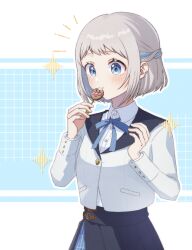 1girl :t anpanman anpanman_(character) black_overskirt blue_eyes blue_ribbon blue_skirt blush braid chocolate commentary_request eating gakuen_idolmaster grey_hair hair_ribbon half_up_braid hatsuboshi_gakuen_school_uniform holding holding_skewer idolmaster indoors jacket katsuragi_lilja long_sleeves neck_ribbon outline pleated_skirt ribbon ribbon_braid school_uniform shikibi_(hodashin) shirt short_hair skewer skirt solo sparkle white_jacket white_outline white_shirt