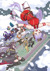 6+girls animal_ears armband beanie black_coat black_hair black_thighhighs blonde_hair blue_coat blue_eyes blunt_bangs boots bow bowtie brown_hat cloud coat colored_inner_hair commentary_request denim dream_journey_(umamusume) dress ear_bow ear_covers ears_through_headwear falling fenomeno_(umamusume) footwear_bow from_above glasses gloves goggles goggles_around_neck gold_ship_(umamusume) gradient_hair grey_hair grin hair_intakes hat headgear highres holding horse_ears horse_girl horse_racing_track jeans jojo_no_kimyou_na_bouken knee_boots layered_sleeves long_sleeves looking_at_viewer multicolored_hair multiple_girls nakayama_festa_(umamusume) o-ring_strap orange_hair orfevre_(umamusume) pants pantyhose parody peaked_cap pillbox_hat puffy_short_sleeves puffy_sleeves purple_bow purple_eyes purple_hair red_armband red_bow red_bowtie red_dress rubik&#039;s_cube scene_reference short_over_long_sleeves short_sleeves single_ear_cover sleeveless sleeveless_dress smile smirk stay_gold_(umamusume) stay_gold_clan_(umamusume) striped_hat thigh_strap thighhighs torn_clothes torn_coat torn_jeans torn_pants umaguti umamusume underbust vento_aureo white_boots white_gloves white_hair white_pantyhose yellow_coat