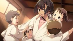 1other 2boys 2girls black_hair bob_cut brown_eyes child collar_tug daitoku_junna dark-skinned_female dark_skin dojo dougi dutch_angle fukuda_tomonori game_cg grey_eyes grey_hair happy highres indoors karate karate_gi looking_at_viewer multiple_boys multiple_girls non-web_source official_art pink_shirt robotics;notes shiny_eyes shiny_skin shirt short_hair smile sunlight sunset t-shirt teeth twintails upper_teeth_only window