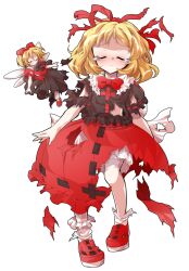 Rule 34 | 2girls, alphes (style), back bow, black shirt, black skirt, blonde hair, bloomers, blush, bow, bowtie, closed eyes, collared shirt, commentary request, contrast collar, dairi, defeat, fairy wings, frilled shirt collar, frilled socks, frills, full body, hair ribbon, large variant set, long skirt, medicine melancholy, medium hair, multiple girls, parody, puffy short sleeves, puffy sleeves, red bow, red bowtie, red ribbon, red shirt, red shoes, red skirt, ribbon, ribbon-trimmed skirt, ribbon trim, shirt, shoes, short sleeves, skirt, socks, style parody, su-san, tachi-e, torn clothes, touhou, transparent background, underwear, variant set, white bloomers, white bow, white socks, wings