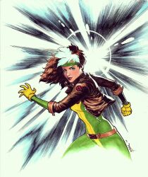 1girl blue_eyes bodysuit brown_hair brown_jacket gloves green_bodysuit highres jacket jorge_molina long_hair looking_at_viewer marvel multicolored_hair open_clothes open_jacket rogue_(x-men) solo two-tone_bodysuit two-tone_hair white_hair x-men yellow_bodysuit yellow_gloves