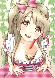 Rule 34 | 10s, 1girl, absurdres, blush, bow, breasts, brown eyes, bubble tea, bubble tea challenge, checkered bow, checkered clothes, checkered dress, cleavage, dress, drink, drinking straw, female focus, from above, grey hair, hair bow, head tilt, highres, large breasts, long hair, looking at viewer, love live!, love live! school idol festival, love live! school idol project, minami kotori, object on breast, oekaki tako, open mouth, side ponytail, smile, solo