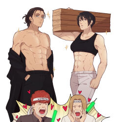 1girl 3boys abs bare_pectorals black_eyes black_hair breasts brown_hair carrying character_request commentary crying emphasis_lines eren_yeager facial_mark facial_scar floch_forster folded_ponytail glowstick grey_eyes hands_in_pockets hanpetos holding holding_glowstick medium_breasts meme mikasa_ackerman multiple_boys navel oota_kuniyoshi_face_(meme) open_clothes open_mouth open_shirt pectorals scar scar_on_cheek scar_on_face shingeki_no_kyojin short_hair sports_bra streaming_tears sweat tears toned toned_male wood