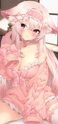1girl animal_ear_fluff animal_ear_piercing animal_ears asymmetrical_legwear blush bra breasts cable_knit cardigan choker cleavage double-parted_bangs ears_down fox_ears fox_girl fox_tail frilled_bra frilled_choker frilled_hairband frills garter_straps gradient_hair hair_ornament hairband heart heart_hair_ornament highres indie_virtual_youtuber jun_(aousa0328) large_breasts long_hair looking_at_viewer microskirt momochiru multicolored_hair off_shoulder open_cardigan open_clothes pink_bra pink_cardigan pink_choker pink_eyes pink_hair pink_hairband pleated_skirt second-party_source short_eyebrows sidelocks single_garter_strap single_thighhigh sitting skirt sleeves_past_fingers sleeves_past_wrists solo tail thick_eyebrows thighhighs underwear virtual_youtuber white_skirt white_thighhighs x_hair_ornament