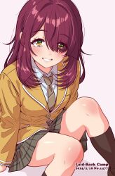 1girl brown_hair eyes_visible_through_hair grin hair_over_one_eye highres jagi_(jagi_souken) kneehighs long_hair looking_at_viewer necktie school_uniform simple_background sitting smile socks solo toki_ayano yellow_eyes yurucamp
